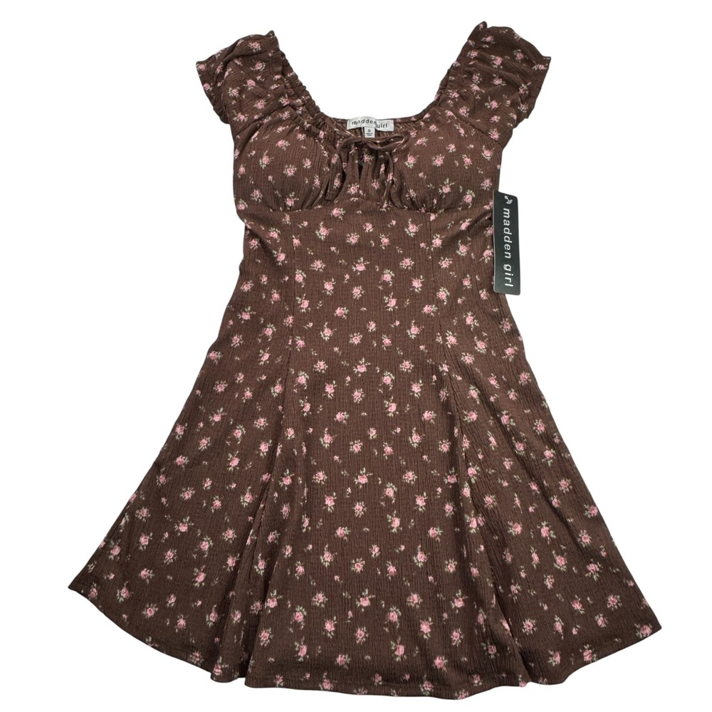 NEW Madden Girl‎ Brown Pink Floral Fit and Flare Dress Juniors Small Cottagecore